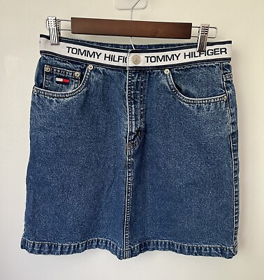 #ad Tommy Hilfiger Vintage 90s Denim Skirt Logo Waistband Size 8 Tommy Jeans $44.99
