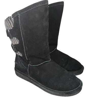 Bearpaw Boots Womens 7 Boshie Black Suede Knit Mid Calf Wool Blend Lining 1669W $22.35