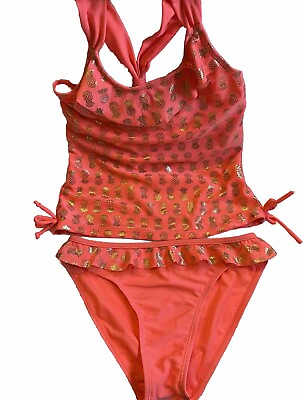 #ad REAL LOVE Youth Girls Size 14 16 Neon Coral Pineapple Tankini Swimsuit 2 Pieces $9.00