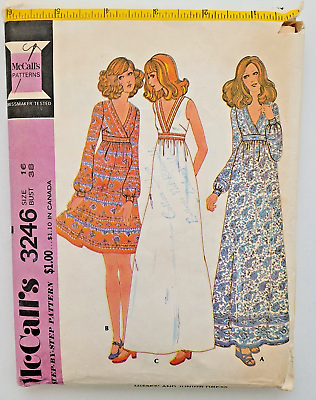 #ad VTG 70s McCalls Sewing Pattern 3246 Misses Boho Dress Three Lengths Size 16 CUT $14.99