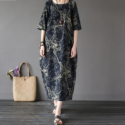 #ad Ethnic Style Women#x27;s Long Sleeve Loose Casual Floral Print Plus Long Maxi Dress $32.66