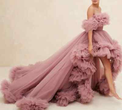 #ad Mauve Tulle Women Party Dress Long Prom Gowns Ruffled Fluffy Tulle High Low Robe $123.49