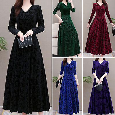 #ad Party Dress Long Sleeves Warm Women Holiday Solid Color Velvet Long Dress Cozy $21.55
