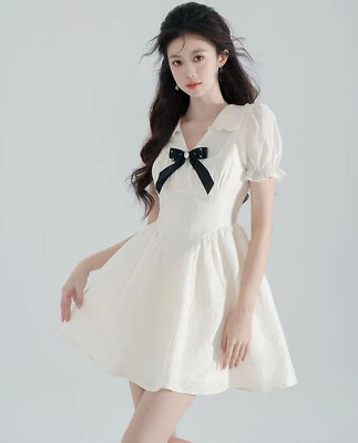 #ad Sweet Girls Cute A Line Dress Bow Princess Summer Puff Sleeve Casual Japanese $43.99