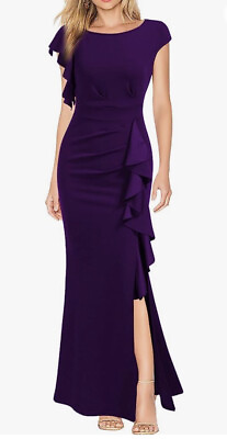 #ad Woosea Purple L Gown Mermaid Party Dress Short Sleeve Split Ruffle Formal Waist $42.76