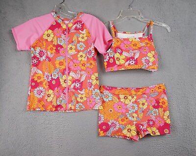 #ad Garnet Hill Kids Swimsuit Rash Guard Girls Sz 12 Colorful 2 Pc Pink Floral Set $28.41