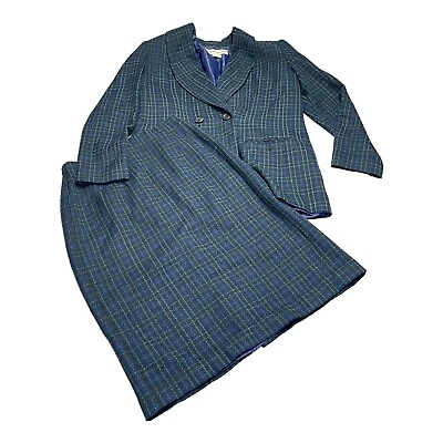 #ad Adolfo Studio 2 Piece Skirt Suits Women#x27;s 6 Blue Plaid Polyester Double Breasted $33.99