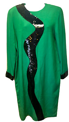 #ad Bill Blass Evening Women#x27;s Size 10 Vintage Green Cocktail Dress Black Sequin $80.63