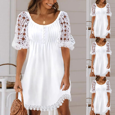 #ad Women Lace Boho Mini Dress Ladies Summer Short Sleeve Loose Beach Sundress US $22.19