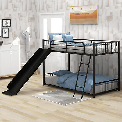 Twin over Twin Metal Bunk Bed with Slide Black Teens Kids Bedroom Furniture $375.99