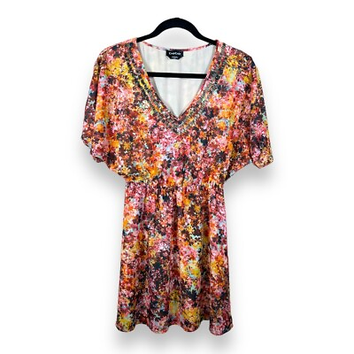 #ad #ad XXS BEBE COLORFUL FLORAL DRESS BEADED NECKLINE V NECK BOHO BOHEMIAN LINED SHORT￼ $26.99