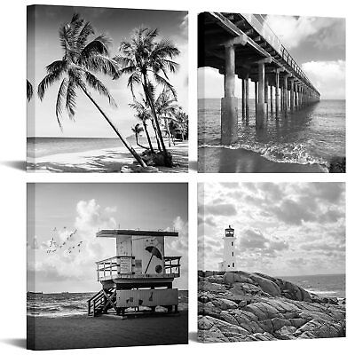 #ad 4 Piece Wall Art Back White Beach Picture Canvas Print Florida Coastline Li... $50.22