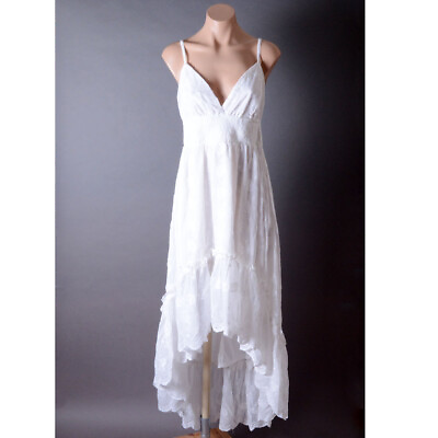 #ad White Ruffle Smocked Stretch Boho Floral Wedding Lace Asymmetrical Dress S M L $59.99