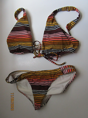 #ad 2 Piece Bikini Striped Swimsuit Sz Small Junior w Light Bra Padding $5.53