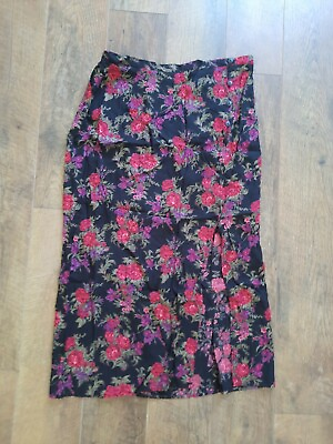 Vintage AL Design Women#x27;s Size 18 Skirt Long Black Floral Side Slit $5.95