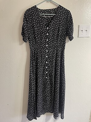 #ad Womens Summer Dress Mid Length Size Medium Button Up Black White Floral $11.98