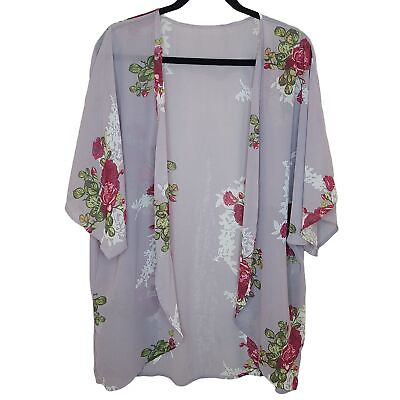 Womens Cover Up Large Pastel Purple Floral Open Front Tunic Kimono Beach Summer $8.90