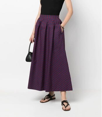 #ad Tory Burch high waist mid length skirt Sz 14 Navy Burgundy NWT $345.00