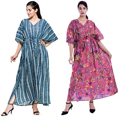 #ad Plus Size Women#x27;s Cotton Printed Casual Dress Ladies Kaftan Long Sundress 2 PCs $47.99