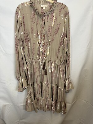 #ad Paani Boho Dress Size Large Brown And Metallic Elastic Waist Pullover Ruffles $22.00