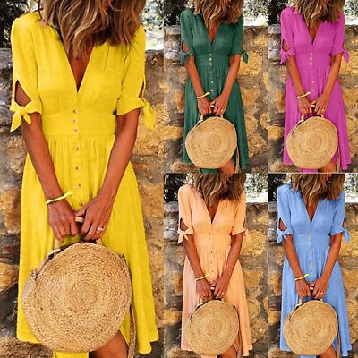 #ad Plus Size Womens V Neck Summer Holiday Midi Dress Ladies Beach Casual Sundress $23.89