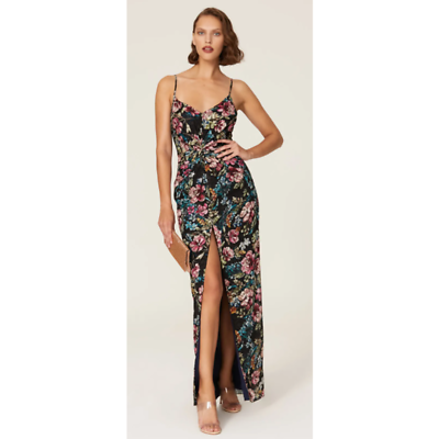 #ad Amanda Uprichard Medium Ellie Floral Maxi Dress Black Floral Slit Sleeveless $69.99