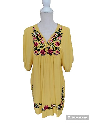 #ad Women#x27;s Floral Embroidered Yellow Mini Dress Size Medium Flowy Boho $18.00