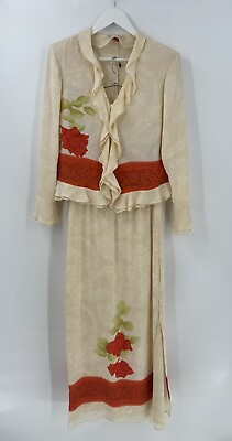 #ad Harari Vintage Skirt Set Womens Medium Beige Red 100% Silk Floral Slit Ruffles $120.00