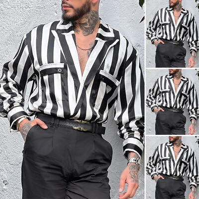 #ad INCERUN Mens V Neck Long Sleeve Striped Casual Loose Tops Party Shirt Blouse $24.99