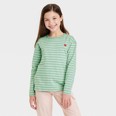Kids Girls Long Sleeve Green Striped T Shirt Cat amp; Jack Size XS 4 5 Long Sleeve $4.99