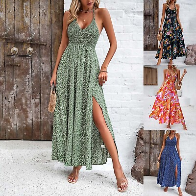 #ad Womens Floral Backless Spaghetti Strap Dress Long Flowy Summer Beach Maxi $34.39