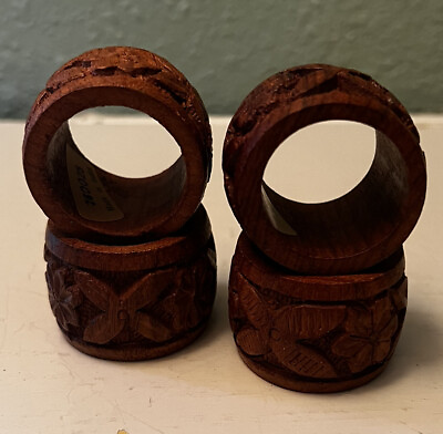 #ad #ad 4 Vintage Wood Hand Carved Napkin Rings Boho Natural Organic Hippie Retro $14.95