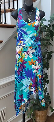 #ad Spense Women#x27;s Blue Floral Viscose Scoop Neck Sleeveless Long Maxi Dress Large $30.00