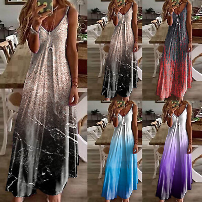 #ad Maxi Dresses For Women Summer Sleeveless Boho Sundress Casual V Neck Long $26.02