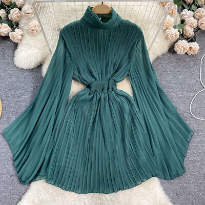 #ad Womens Slim Fit Chiffon Dress Elegant High Neck Pleated Long Flare Party Sleeves $38.42