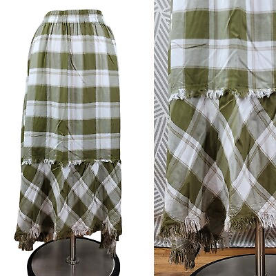 Cato Midi Fringe Skirt Long Plus size 18 20W 2X green check picnic Plaid hi low $28.99