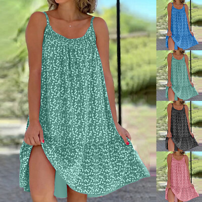 #ad Plus Size Women Boho Floral Sundress Baggy Holiday Beach Casual Mini Tank Dress $9.99