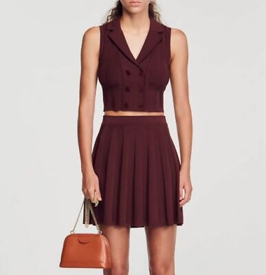 #ad Sandro Suit Collar Knit Tank Top A line Pleated Mini Skirt Suit for Women $180.59