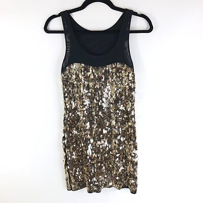 #ad Express Shift Dress Sequin Mesh Sleeveless Mini Sexy Party Gold Black XS $12.99