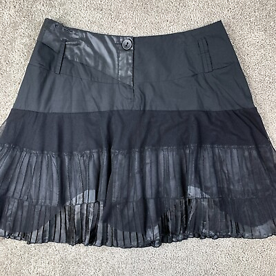 #ad Style Pleated Tier Mini Skirt Women#x27;s Size 8 Black Mesh Lined Cotton Blend $18.95