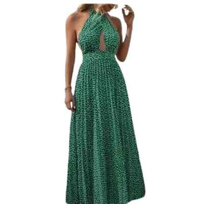 #ad Green Halter Dress‎ Floral Halter Maxi Dress. Size Large. Women#x27;s Fashion. $39.00