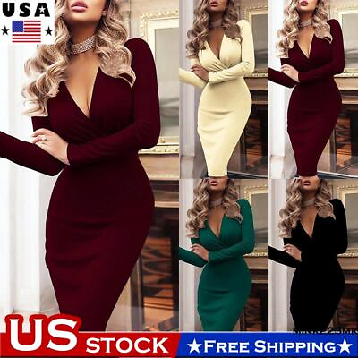 #ad #ad Women#x27;s Sexy V Neck Bodycon Ladies Long Sleeve Evening Cocktail Party Midi Dress $18.09