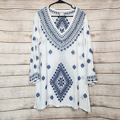 #ad Surf Gypsy Navy Blue White Cotton Embroidered Boho Beach Cover Up Tunic Blouse S $30.00