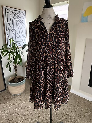#ad J Crew Tiered Dress Leopard Crinkle Chiffon Brown Black Sz M Cocktail women#x27;s $39.88