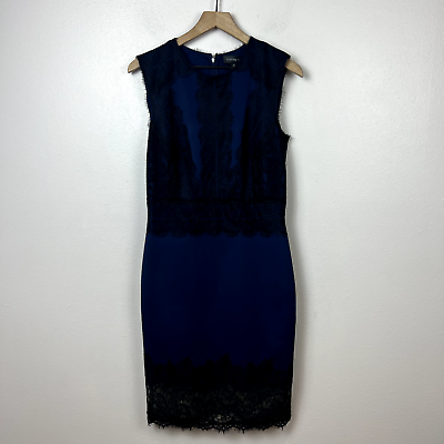 #ad Tadashi Shoji Cocktail Dress Size 10 Neoprene Stretch Scuba Blue Black Lace Trim $89.95