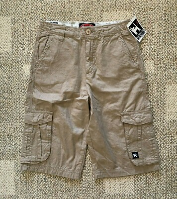 MAMBO Boys Youth Size 10 Khaki Cargo Skater Long Cotton Shorts Adjustable Waist $12.99