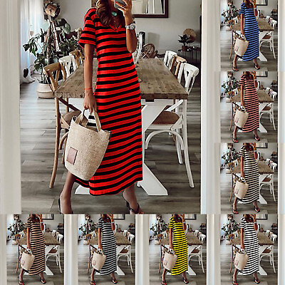 #ad Women#x27;s Casual Loose Short Sleeve Long Dress Striped Split Summer Beach Dress $17.86