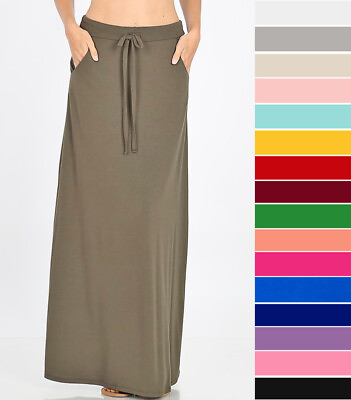 Women#x27;s Maxi Skirt Soft Stretch Knit Drawstring High Waist Casual Basic Solids $22.99