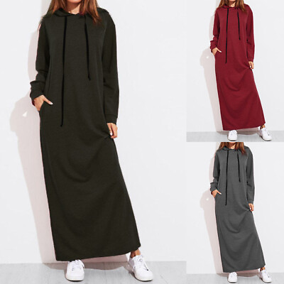 Womens Long Sleeve Hooded Sweatshirt Maxi Dress Baggy Plain Hoodies Long Dresses $29.79