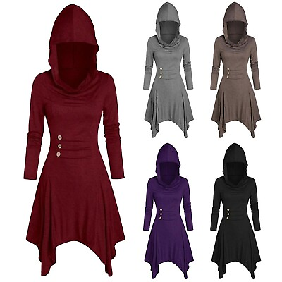 Women Gothic Casual Dress Heathered Asymmetric Hooded Button Dress Cosplay US $23.79